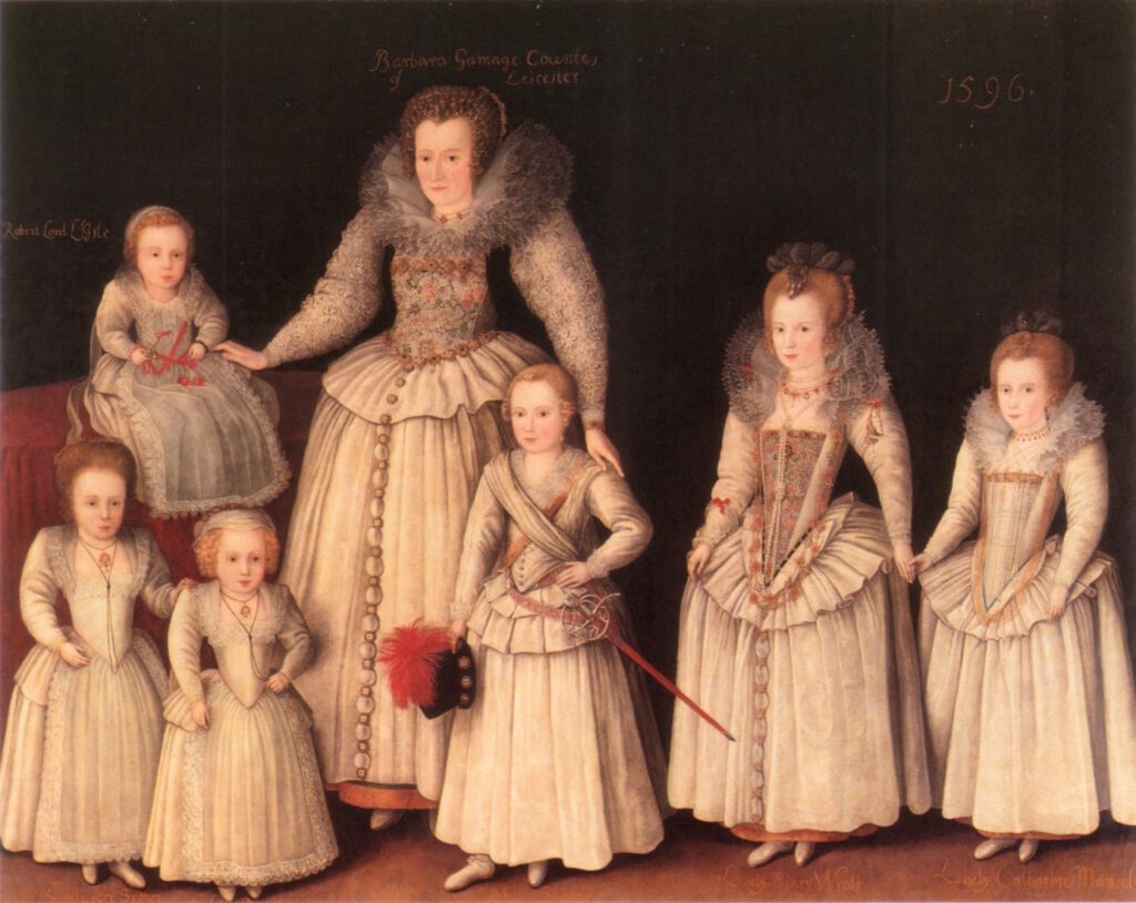 A group portrait showing young Mary Wroth with five of her siblings and her mother, Barbara Wroth, born Gamage, at Penshurst.