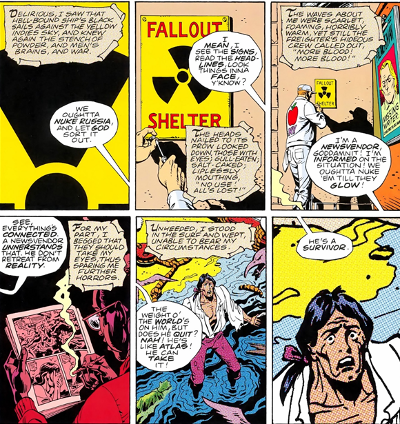 Panels from Watchmen showing the overlap of diegetic levels.