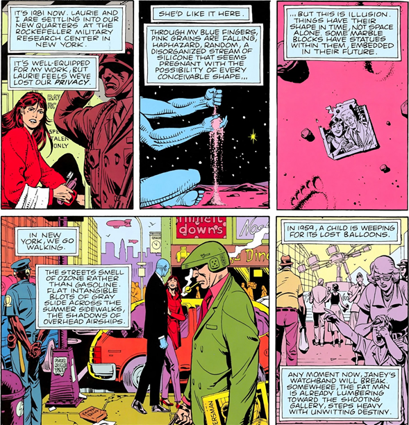 Panels from Watchmen showing the juxtaposition of different moments in time.