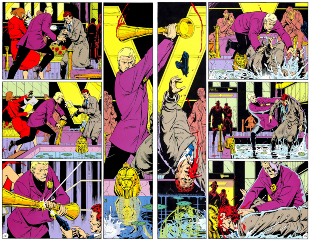 Two pages from Watchmen with perfectly symmetrical panel layouts.