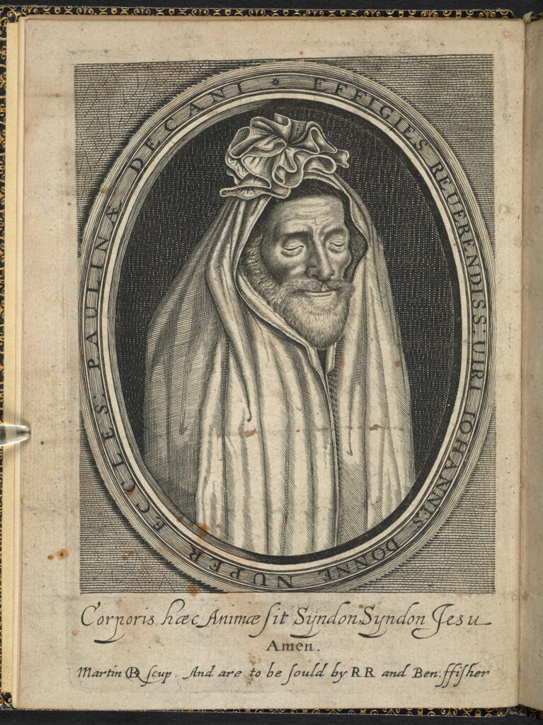 An image of the frontispiece of "Death's Duel", depicting John Donne in a ‘winding sheet’, a shroud for wrapping corpses prior to burial.
