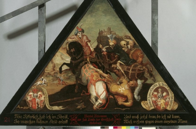 Figure 1 Dance of Death turbaned belligerent. Spreuerbrücke, Luzern. Photo credit William E. Engel, with permission.